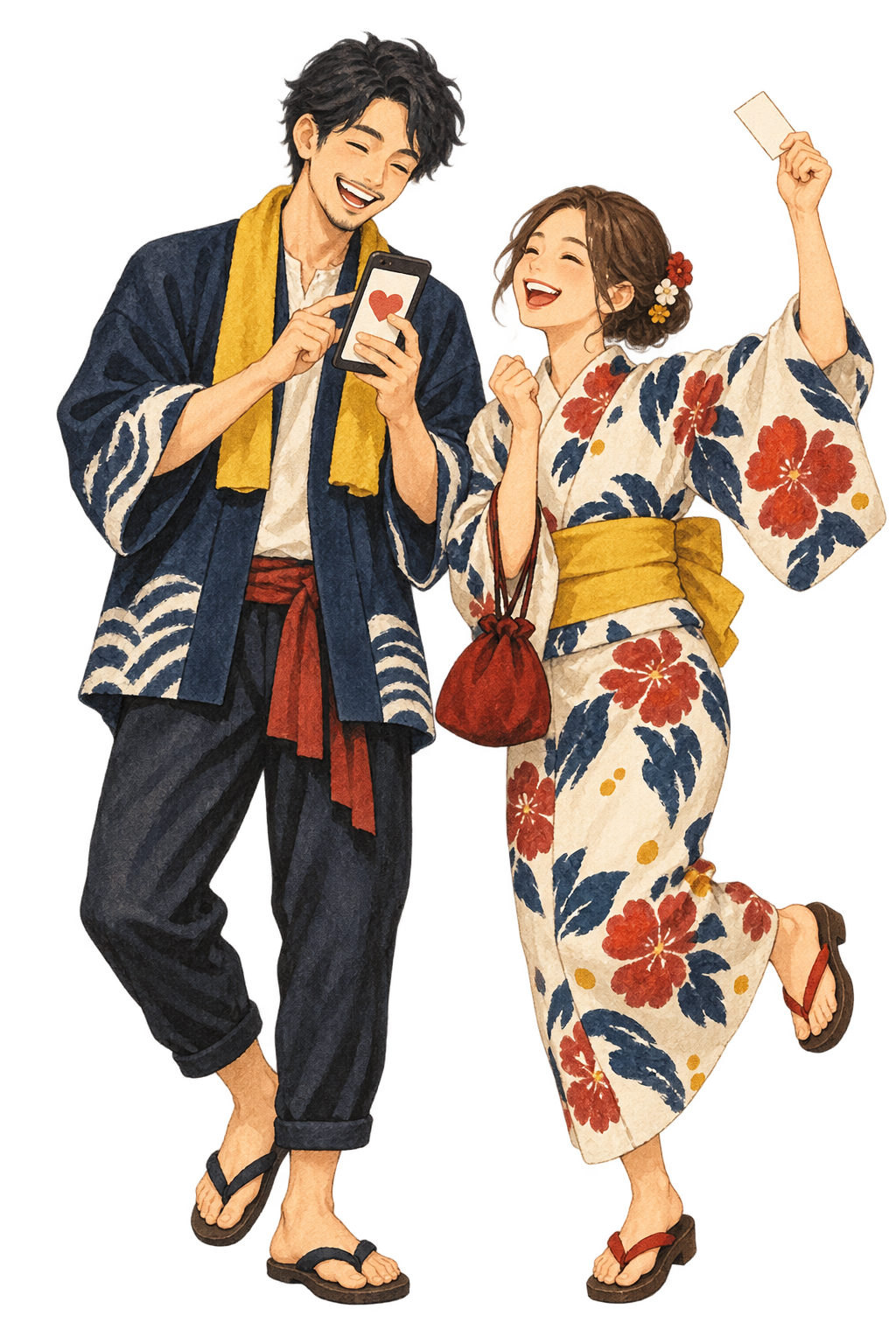 スマートフォンでフォローといいねをして、39呑みチケットの当選を喜ぶ二人のイラスト
